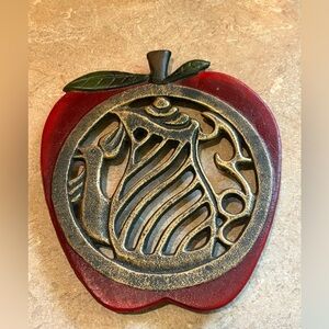 Vtg Farmhouse Cast Iron Cutout Red Apple With Teapot Goose Spout Trivet